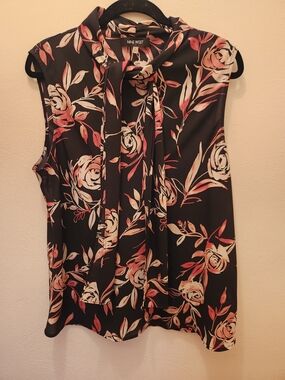 Nine West Black Floral Tie-Neck Sleeveless Blouse Size XL